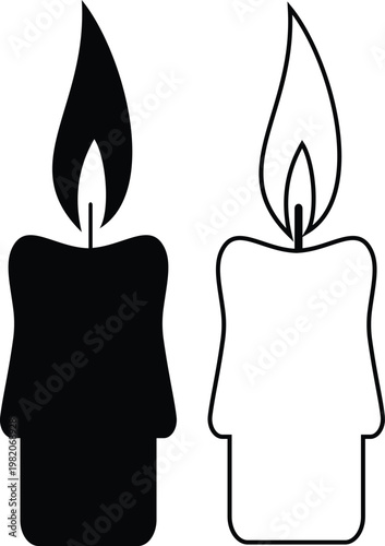 Candle flame icon set collection group, wax, light, fire, lantern, illumination symbols, decorative candles, burning wick shapes in flat and line style black vector illustration isolated