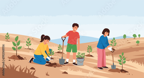 Three children are planting young saplings in a dry field under a pale blue sky