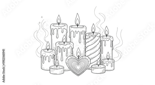 Detailed black and white line art of various wax candles with melting wax and glowing flames including a heart shaped candle.