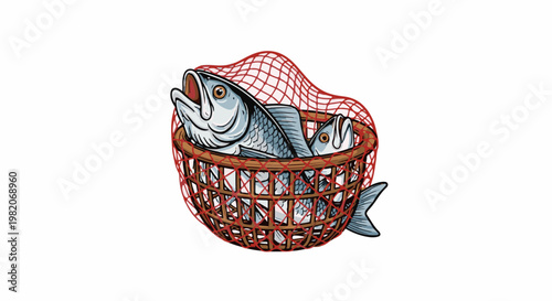 Two fish are caught in a basket that is enclosed in a red net