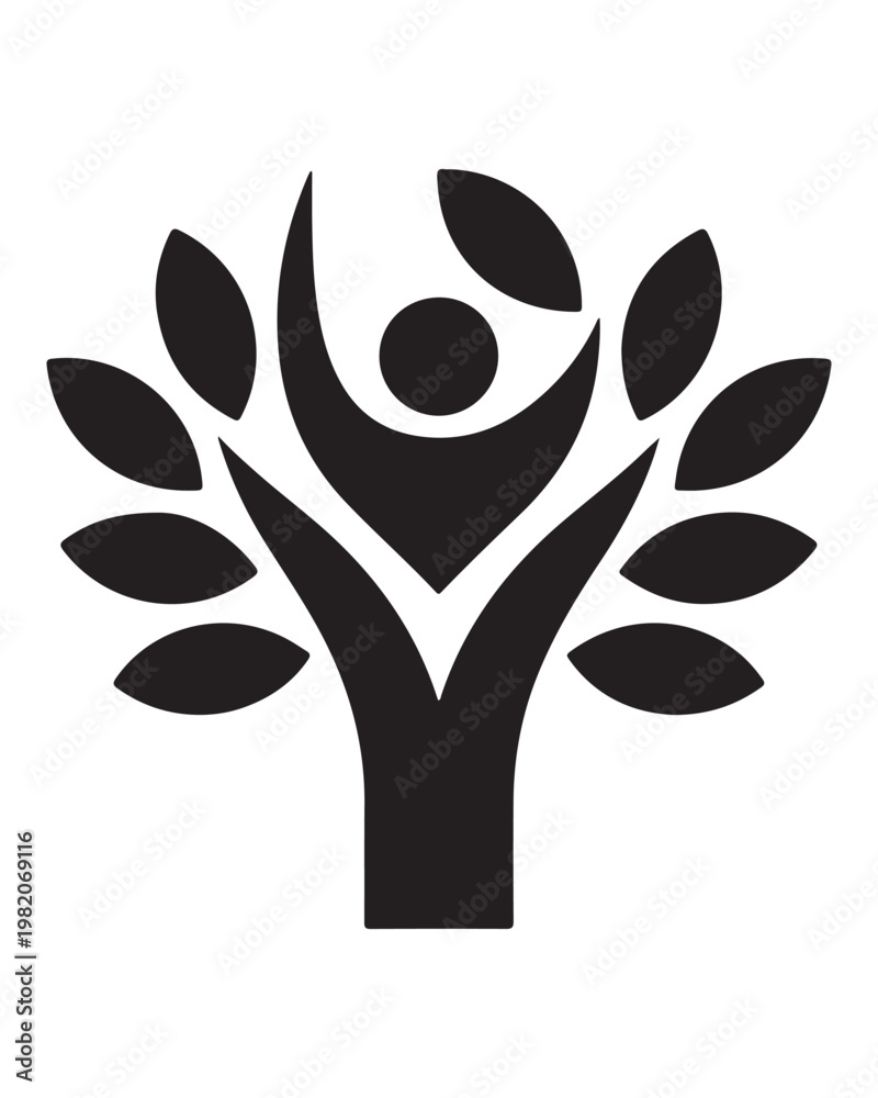 Naklejka premium Minimalist black icon depicting an abstract human figure merging with a stylized tree silhouette