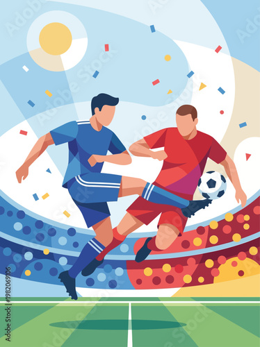 Modern flat vector illustration of two soccer players competing for the ball on a stadium field