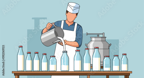 A dairy worker in a white apron pours fresh milk into glass bottles on a table