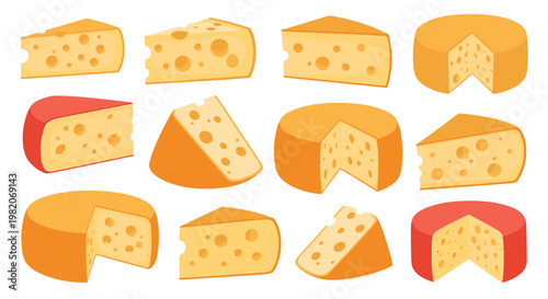 Assortment of different types of cheese slices and wheels featuring various textures and characteristic holes for culinary use.
