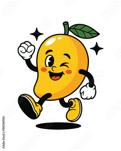 A cheerful cartoon mango character winking and walking happily on a clean white background area