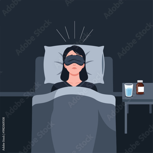 A tired woman in bed wearing a sleep mask with medicine on a bedside table
