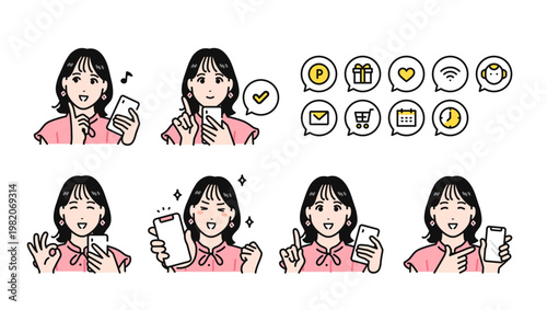 スマートフォンを操作するポジティブな半袖の若い女性と通知アイコンセット