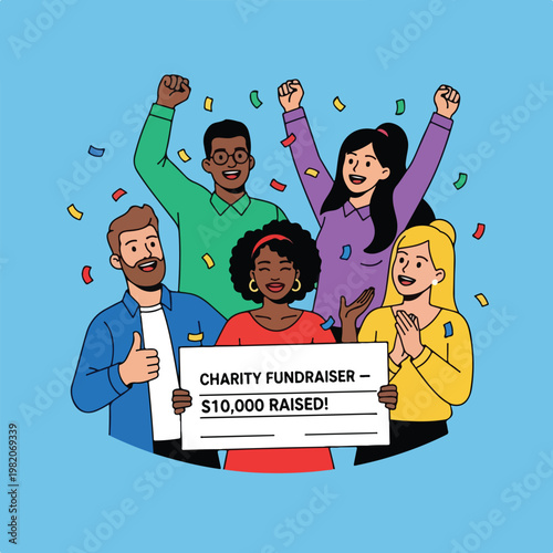 A diverse group of people celebrating the success of a charity fundraiser event