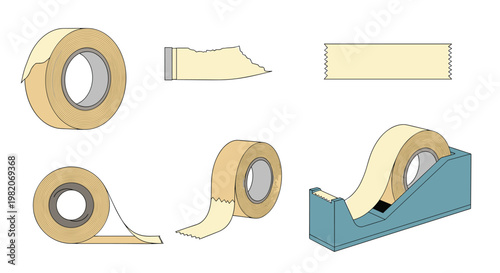Various rolls of adhesive masking tape and a blue desk dispenser shown from different angles for office and craft use.