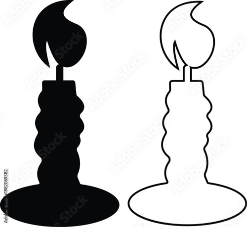 Candle flame icon set collection group, wax, light, fire, lantern, illumination symbols, decorative candles, burning wick shapes in flat and line style black vector illustration isolated