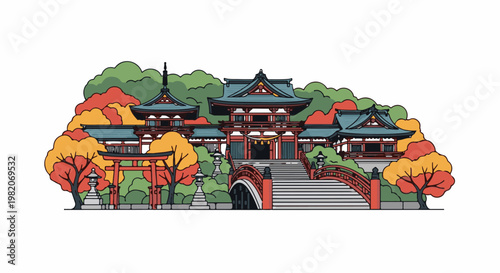 Traditional Japanese shrine complex with autumn foliage and arched bridge