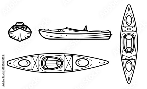 Kayak design and technical drawings from multiple viewpoints including top, side, and front views, showcasing its structure and form for illustration purposes