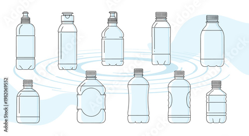 Collection of various plastic water bottle designs shown in simple blue and white line art with circular water ripple patterns.