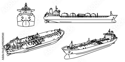 Detailed technical drawings of a large cargo ship, showcasing its structure and design from multiple perspectives for industrial and maritime applications