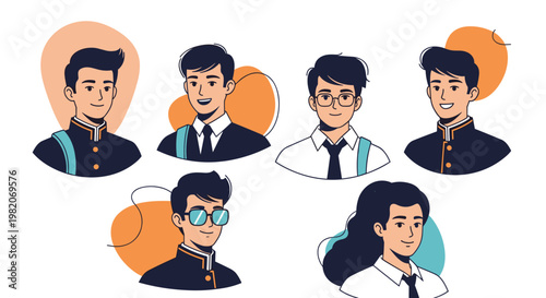 Portraits of six students wearing uniforms including five boys with different hairstyles and glasses and one girl with long dark hair.