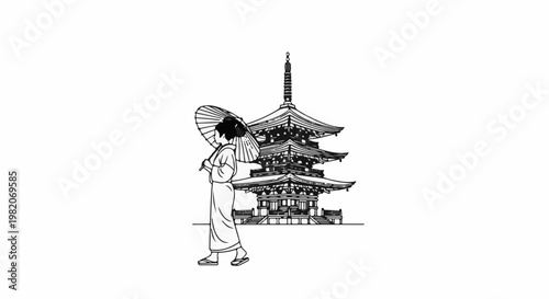 Traditional pagoda stands behind a person in a kimono holding a parasol