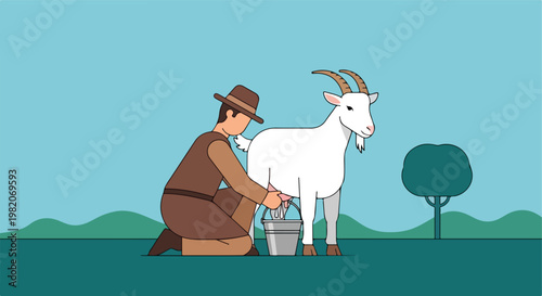 A farmer kneeling on the grass and milking a white goat into a metal bucket