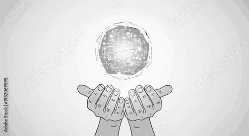 Two cupped hands gently support a glowing, faceted orb against a soft grey background