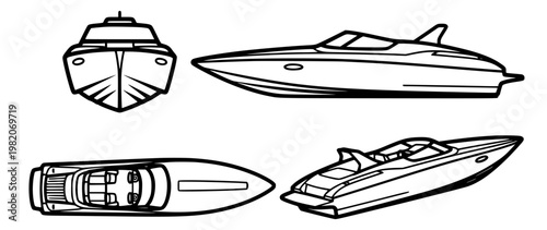 Monochrome graphic representation of a powerful speed boat, illustrated with clean lines across four distinct viewpoints, providing a comprehensive visual for nautical design and transportation themes