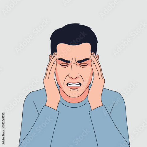 An illustrated man holding his head in agony, experiencing a severe migraine pain