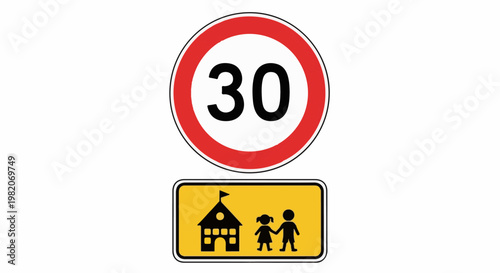 Traffic signs indicating a 30 km/h speed limit near a school with children