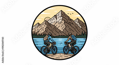 Two cyclists ride bikes by a lake with mountains and sun at sunset