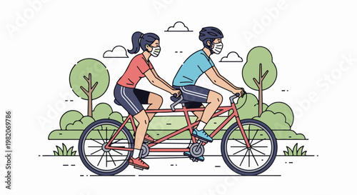 Two cyclists wearing masks ride a tandem bicycle through a park
