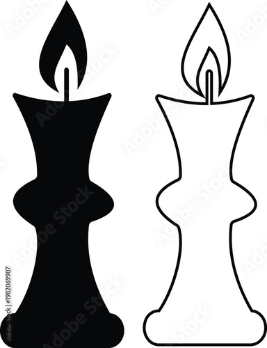 Candle flame icon set collection group, wax, light, fire, lantern, illumination symbols, decorative candles, burning wick shapes in flat and line style black vector illustration isolated