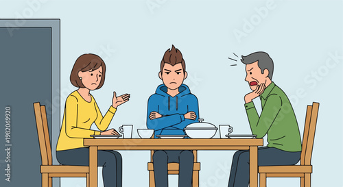 A family having an intense and tense argument while sitting at the dinner table