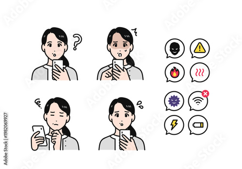 スマートフォンを持つ40代女性のネガティブな表情バリエーションセット