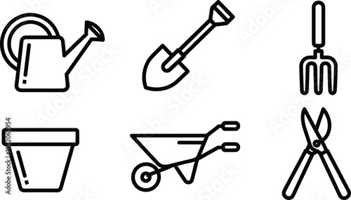 Minimalist Gardening Icon Set, Garden Tools Line Art Vector including Watering Can, Shovel, Flower Pot, and Wheelbarrow