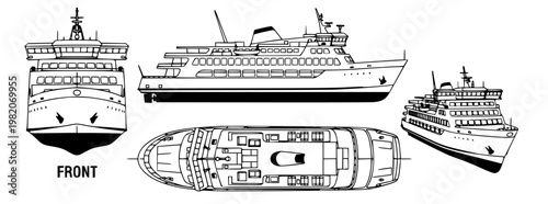 Set of technical drawings showcasing different views of a passenger ferry boat, including front, side, and top perspectives