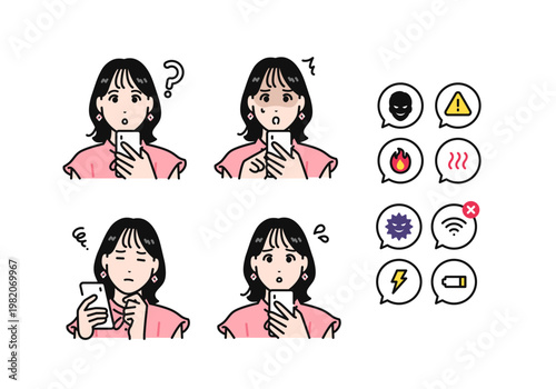 スマートフォンを持つネガティブな半袖の若い女性と通知アイコンセット