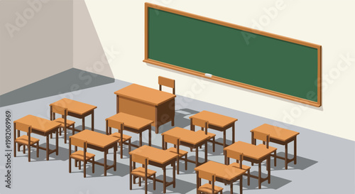 An isometric illustration of an empty school classroom with a green chalkboard