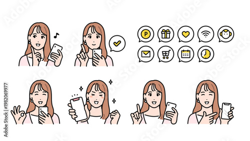 スマートフォンを持つポジティブなロングヘアの若い女性と通知アイコンセット