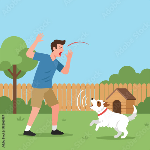 A man screams at an agitated dog in a backyard with a wooden fence and kennel