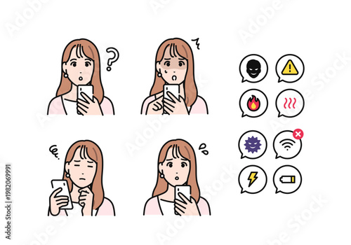 スマートフォンを持つネガティブなロングヘアの若い女性と通知アイコンセット