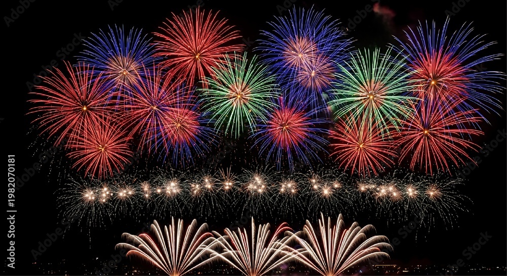 Fototapeta premium A wide variety of colorful red blue green and gold fireworks exploding in a black night sky above a glowing line of small pyrotechnic fountains.