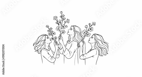 Three women gaze upwards at blooming branches, one in the center holds them aloft