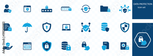 A collection of blue data protection icons depicts cybersecurity concepts like privacy secure access and information safeguarding high quality professional detailed modern