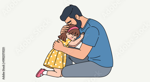 A bearded father gently embraces his little daughter in a comforting hug