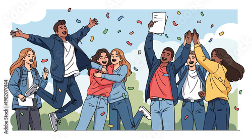 A happy diverse group of young students celebrating success with flying confetti