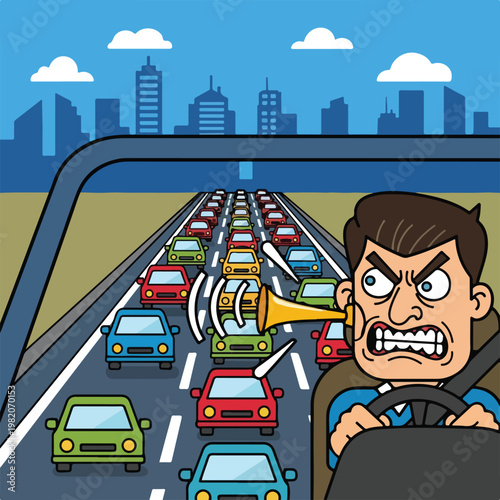 An angry driver in a car is stressed due to heavy traffic on a city highway