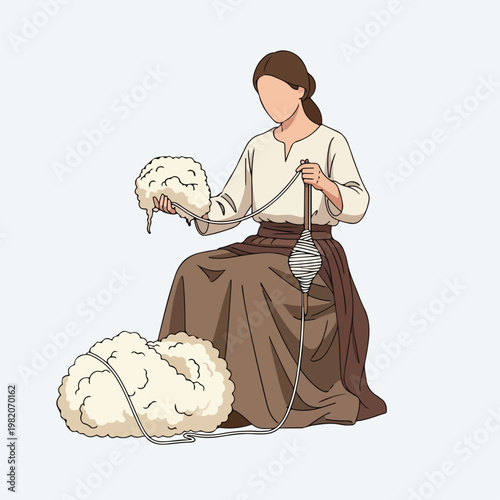 A woman in traditional clothing sitting and spinning raw wool into white yarn