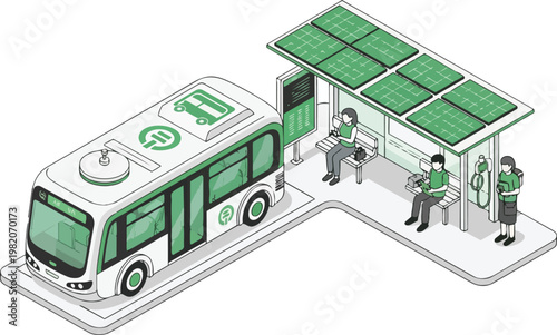 Isometric Electric Bus at Solar-Powered Bus Stop Illustration, Green Energy Public Transport and Sustainable Urban Infrastructure