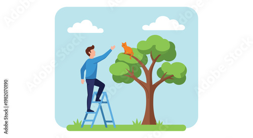 A person on a ladder reaches for a small cat perched in a tree outdoors