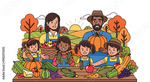 A happy family stands together with fresh autumn harvest vegetables and fruits