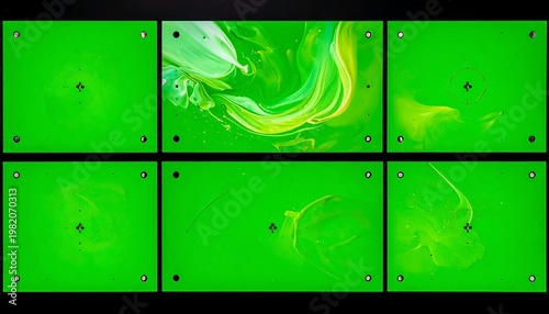 Six green panels display abstract patterns with yellow and white swirling designs, against a dark background