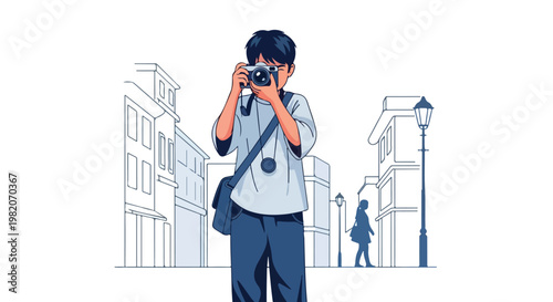 A young person stands on a city street holding a camera to take a photograph