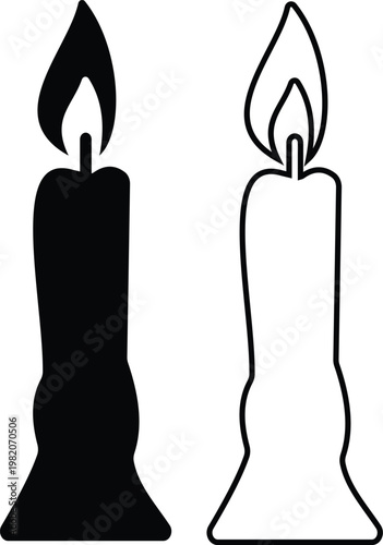 Candle flame icon set collection group, wax, light, fire, lantern, illumination symbols, decorative candles, burning wick shapes in flat and line style black vector illustration isolated